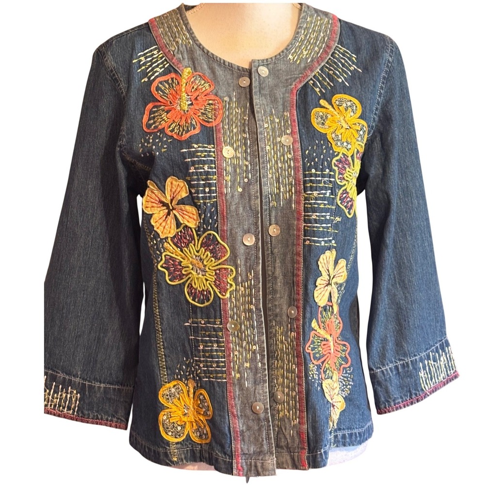 Bleu Bayou Denim Jacket Medium Floral Embroidered Sequin Art to Wear Eclectic